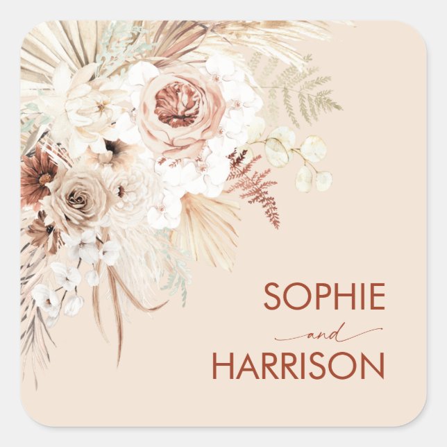 Minimalist Terracotta Boho Pampas Grass Square  Sticker (Front)