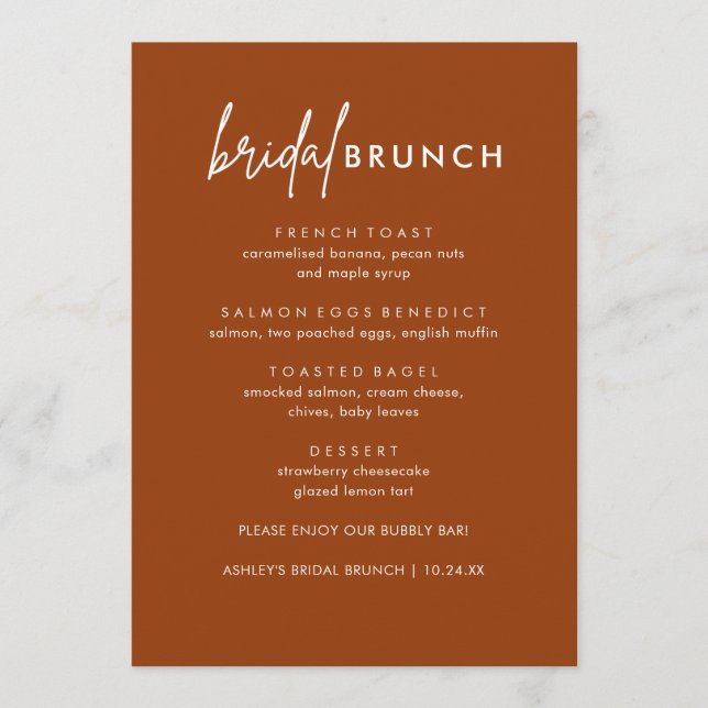 Minimalist Terracotta Bridal Brunch Menu Cards (Front)