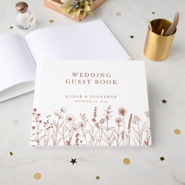 Minimalist Terracotta  Brown Wildflower Wedding Guest Book (Front Open)