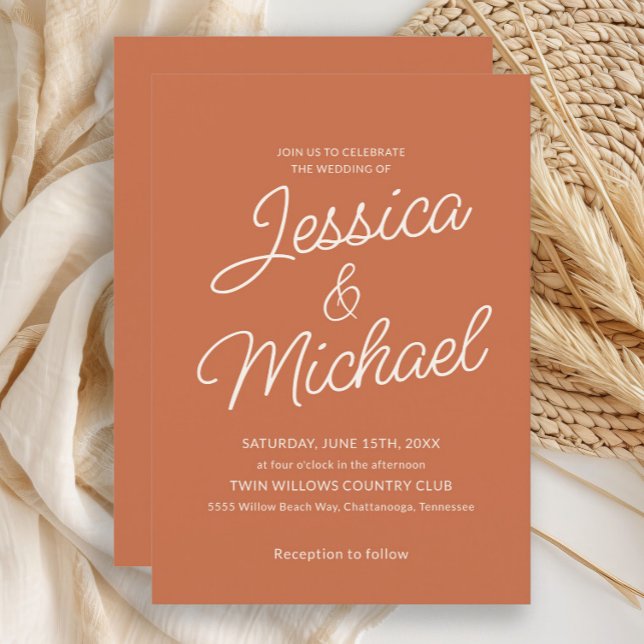 Minimalist Terracotta Cream Script Wedding  Invitation (Terracotta wedding invitation)