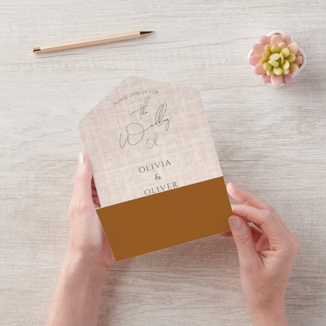Minimalist terracotta faux linen QR code wedding All In One Invitation (Video)