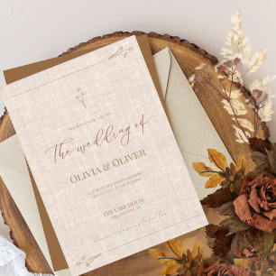 Minimalist terracotta faux linen wedding  invitation