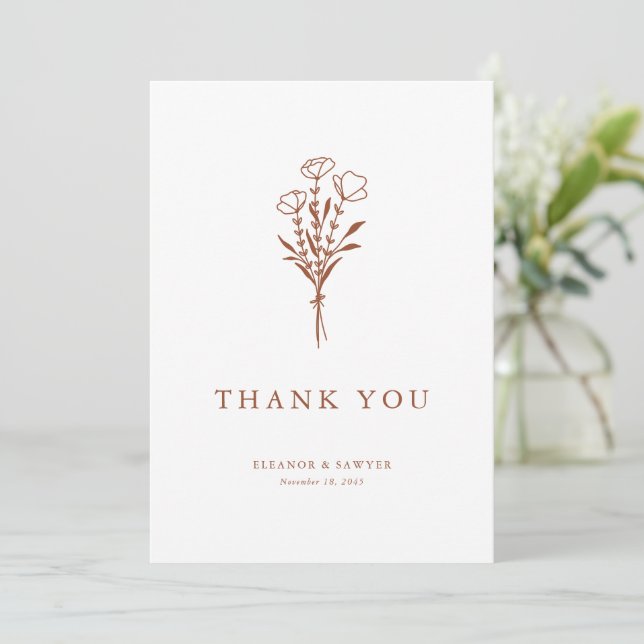 Minimalist Terracotta Floral Bouquet Wedding Thank You Card (Standing Front)
