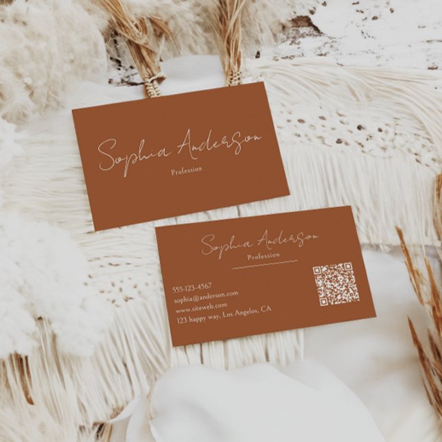 Minimalist Terracotta Modern Script Qr Code        Business Card (Creator Uploaded)