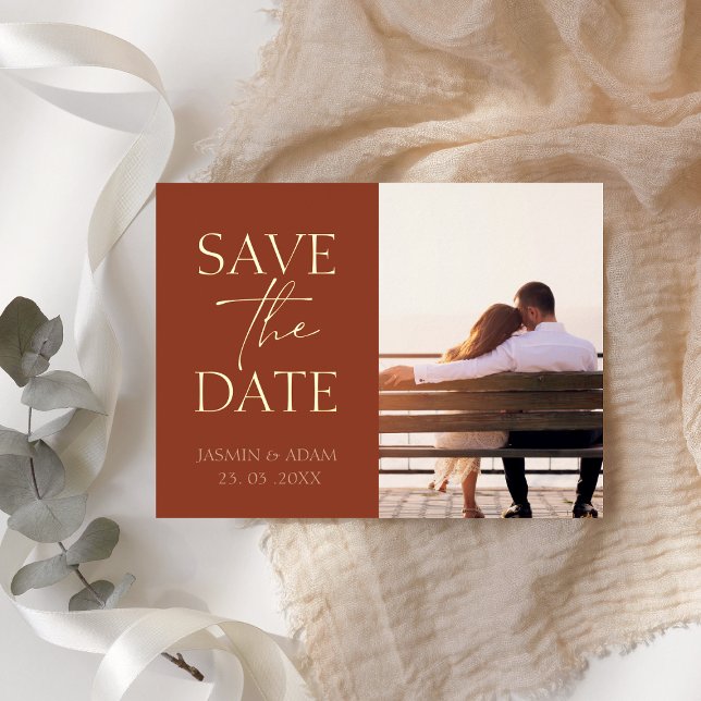 Minimalist Terracotta Photo Wedding Save the Date Foil Holiday Postcard (Creator Uploaded)