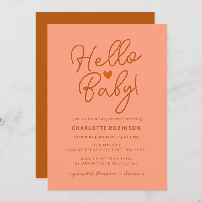 Minimalist Terracotta Pink Boho Hello Baby Shower Invitation (Front/Back)