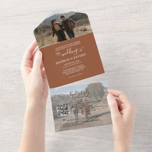 Minimalist Terracotta QR Code RSVP Wedding All In One Invitation