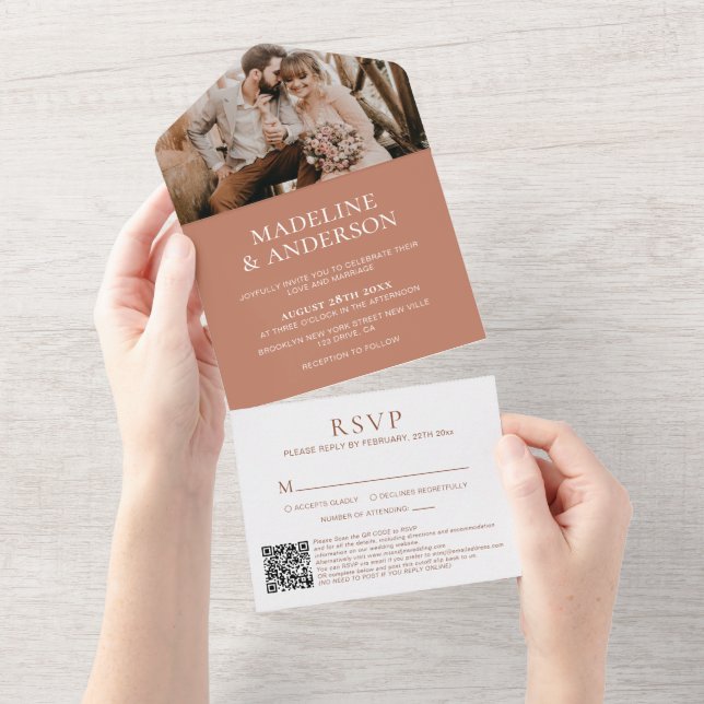 Minimalist Terracotta RSVP QR Code Photo Wedding All In One Invitation (Tearaway)