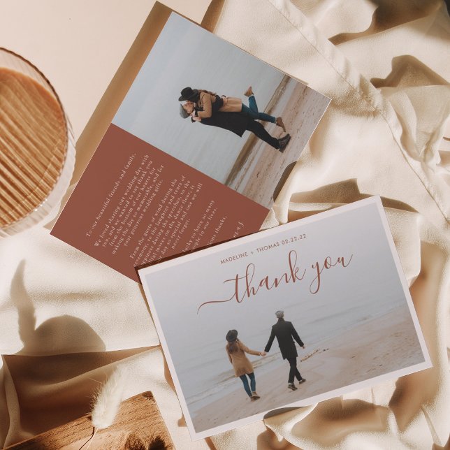Minimalist Terracotta Script with 2 photo wedding Thank You Card (Creator Uploaded)