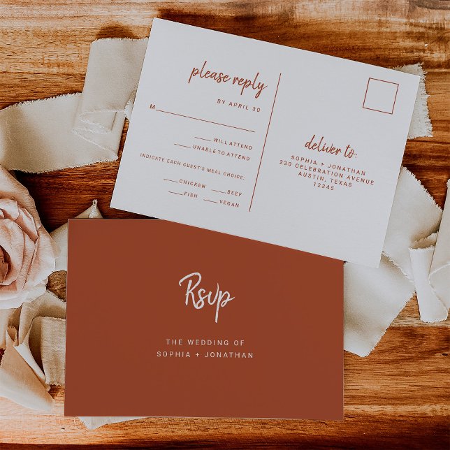 Minimalist Terracotta Wedding | Meal Choice RSVP Postcard (Creator Uploaded)