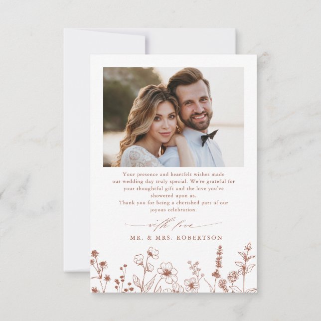 Minimalist Terracotta Wildflower Photo Wedding  Thank You Card (Back)