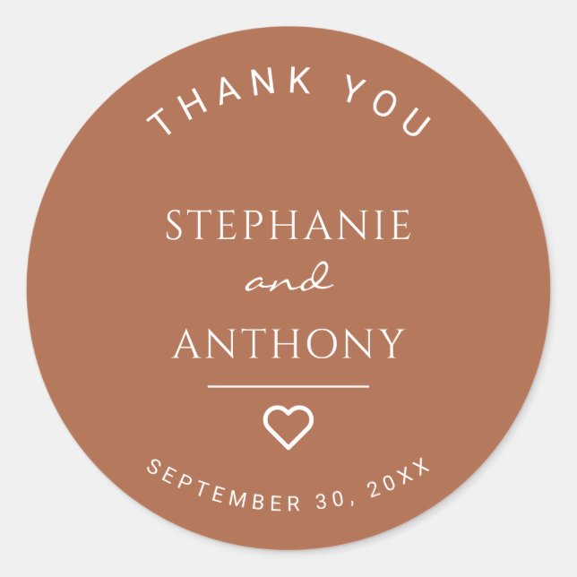 Minimalist Terracotta with Heart Modern Wedding Classic Round Sticker (Front)