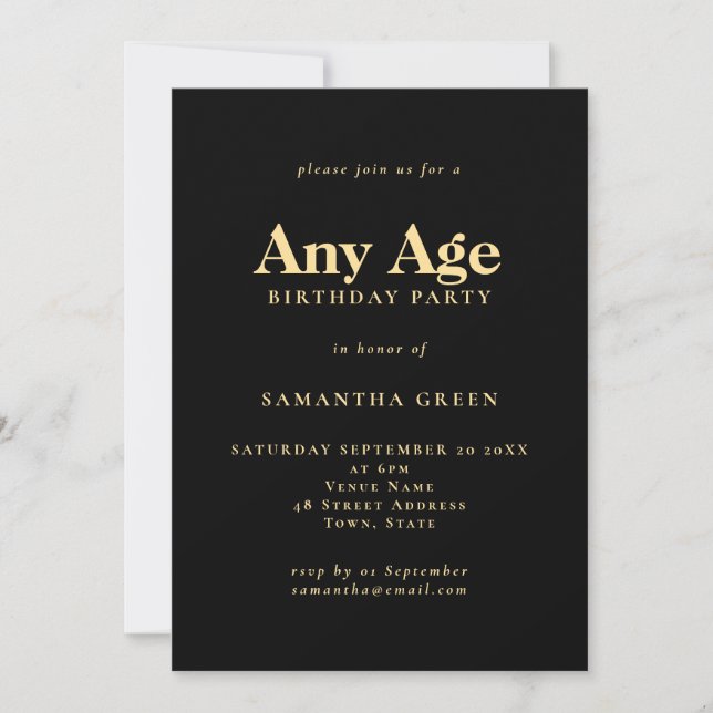 Minimalist Text Any Age Black Gold Birthday Invitation (Front)