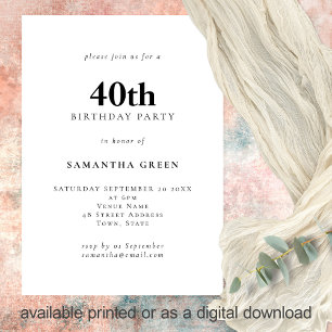 Minimalist Text Any Colour 40th Birthday Party Invitation