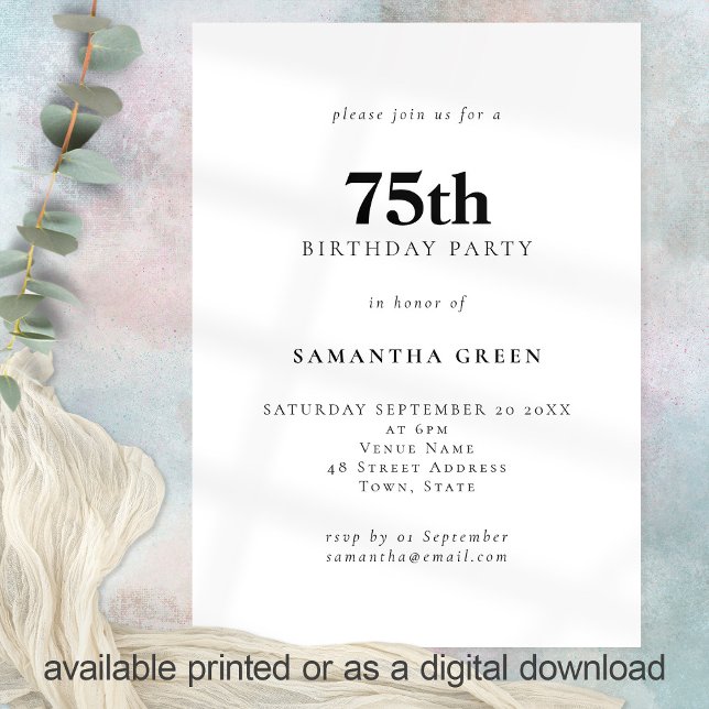 Minimalist Text Any Colour 75th Birthday Party Invitation (Creator Uploaded)