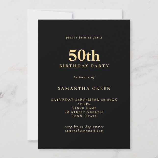 Minimalist Text Black Gold 50th Birthday Party Invitation (Front)