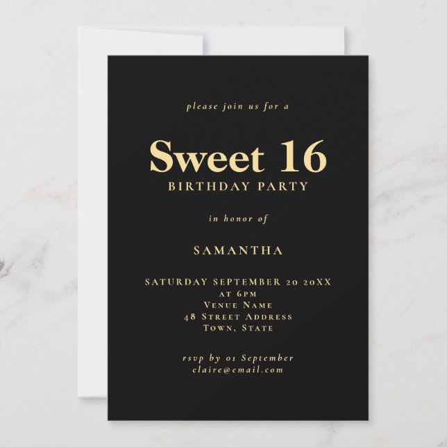 Minimalist Text Black Gold Sweet 16 Birthday Party Invitation (Front)