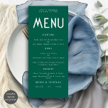 Minimalist Text Emerald Wedding Menu card<br><div class="desc">Minimalist Text Emerald Green Wedding Menu card. Available digitally and printed. Easily personalise the text to your own details which includes alternatives for your vegan or vegetarian options. You can change if you wish to any colours of your choice to match your wedding theme.</div>