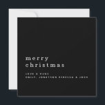 Minimalist Text Name Merry Christmas Black Card<br><div class="desc">Minimalist Text Name Merry Christmas White on Black. Classy simple elegance,  minimal style,  with your greeting larger in stylish lowercase with your names beneath with lots of plain area. Easily personalise the text to your own details. Fully customisable.</div>