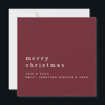 Minimalist Text Name Merry Christmas Burgundy Card<br><div class="desc">Minimalist Text Name Merry Christmas White on Burgundy. Classy simple elegance,  with your greeting larger in stylish lowercase with your names beneath with lots of plain area. Easily personalise the text to your own details. Fully customisable.</div>