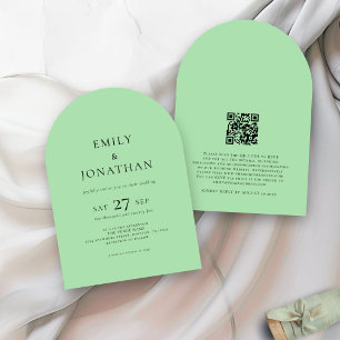 Minimalist Text QR Celadon Green Arch Wedding Invitation