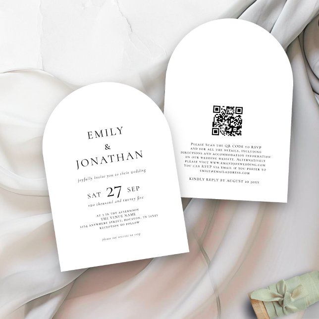 Minimalist Text QR Code Black White Arch Wedding  Invitation (front and back view)