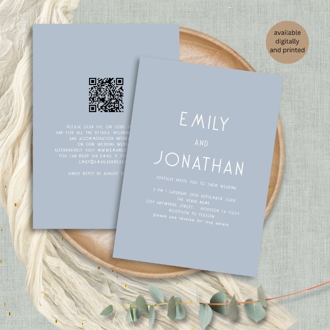 Minimalist Text QR Code Dusty Blue Wedding  Invitation (Front and back view)