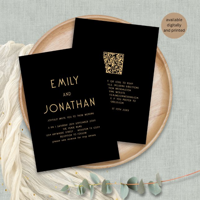 Minimalist Text QR Code Gold Black Wedding  Invitation (Front and back view)