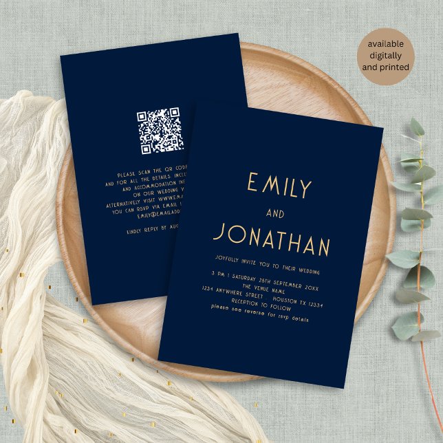Minimalist Text QR Code Gold Navy Wedding  Invitation (Front and back view)