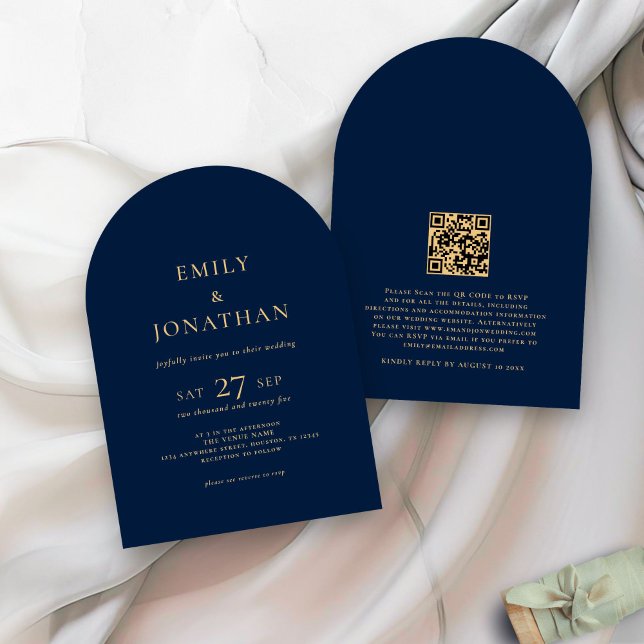 Minimalist Text QR Code Navy Gold Arch Wedding  Invitation (front and back view)