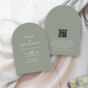 Minimalist Text QR Code Sage Green Arch Wedding Invitation