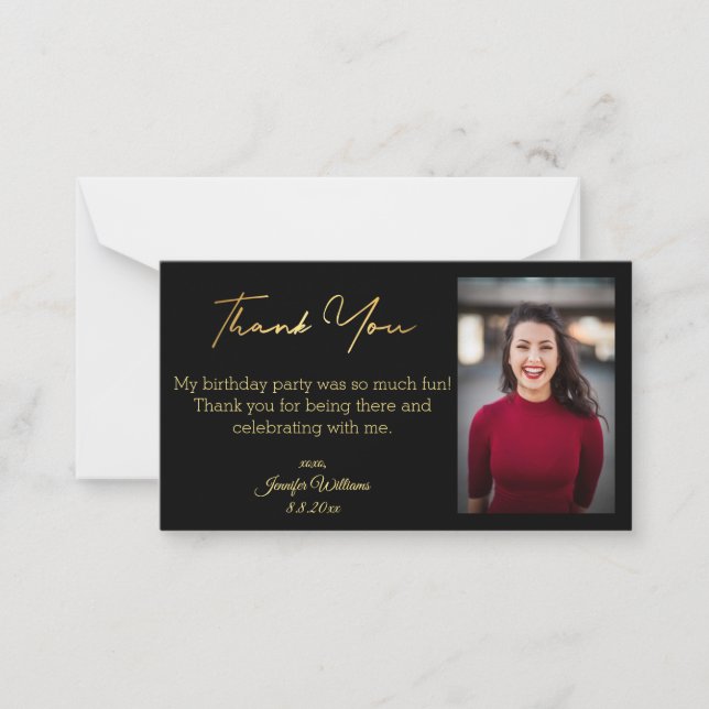 minimalist  thank you birthday black gold photo card (Front)