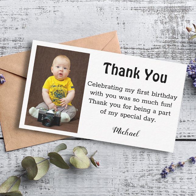 minimalist thank you boy 1st birthday photo card (Creator Uploaded)