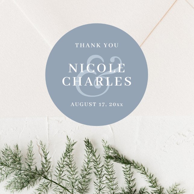 Minimalist Thank You Dusty Blue Wedding Favour Classic Round Sticker (Creator Uploaded)