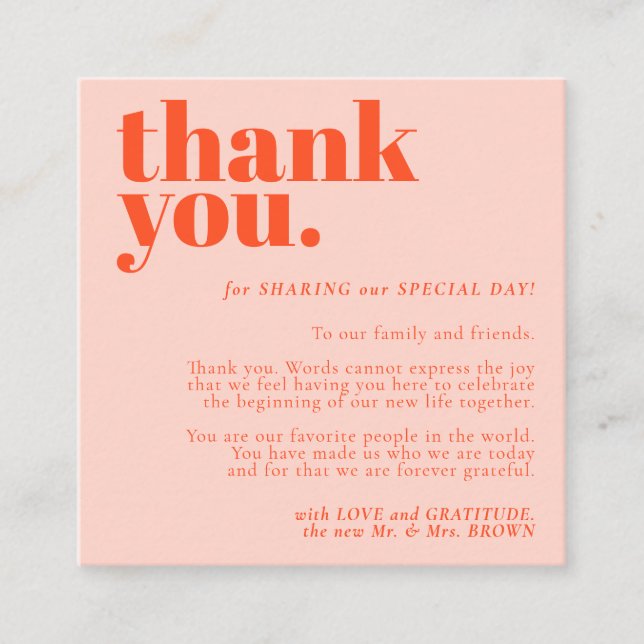 Minimalist Thank You left Orange Pink Enclosure Card (Front)