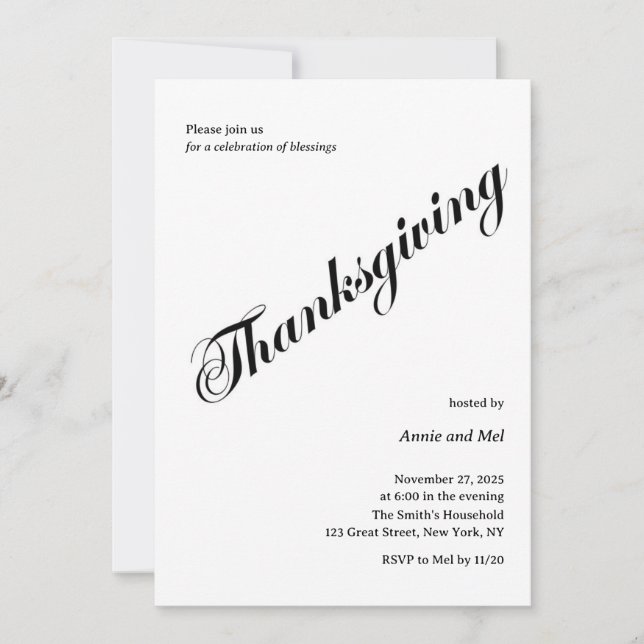 Minimalist Thanksgiving Dinner Black White Invitation (Front)