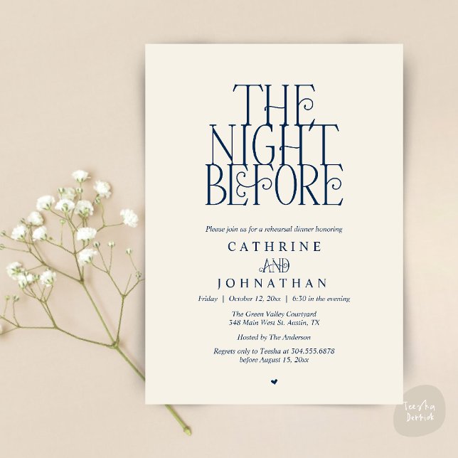 Minimalist "The Night Before" Rehearsal Dinner Invitation (Modern Minimalist "The Night Before" Garden Rehearsal Dinner Invitation Card in Navy Blue and Ivory)