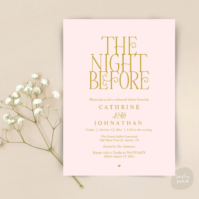 Minimalist "The Night Before" Rehearsal Dinner Invitation (Modern Minimalist "The Night Before" Garden Rehearsal Dinner Invitation Card in Blush Yellow Gold)