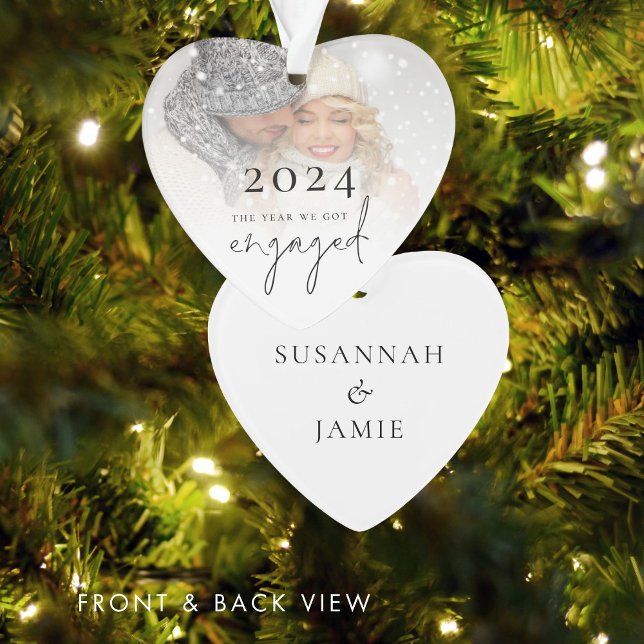 Minimalist The Year We Got Engaged Photo Overlay Ornament (Front and back view)