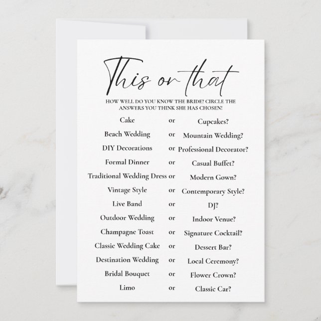 Minimalist This or That Bridal shower Game Card (Front)