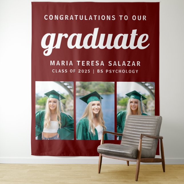 Minimalist Three Photo Graduation Tapestry |Maroon (In Situ)