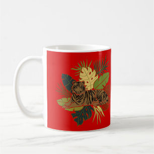 Minimalist Tiger On Jungle Leaves Red Coffee Mug
