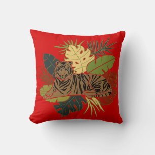 Minimalist Tiger On Jungle Leaves Red  Cushion