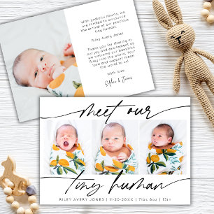 Minimalist Tiny Human Newborn Baby 3 Photo Collage Announcement