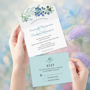 Minimalist Top Blue Border Berry Leaf Wedding All In One Invitation