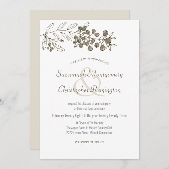 Minimalist Top Border Berry Leaf Wedding Invitation (Front/Back)