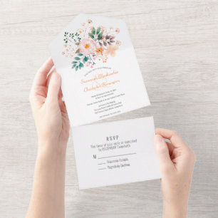 Minimalist Top Border Orange Shade Florals All In One Invitation