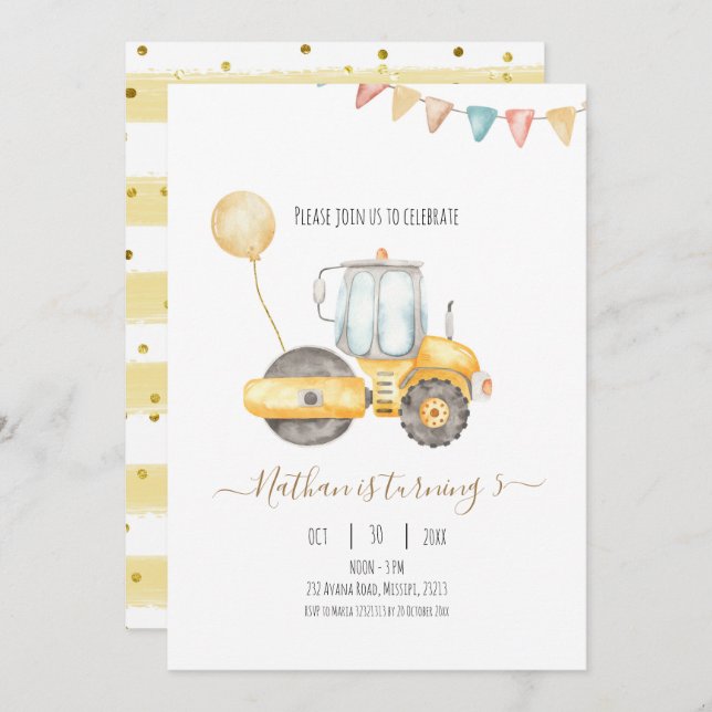 Minimalist Tractor Birthday Invitation (Front/Back)