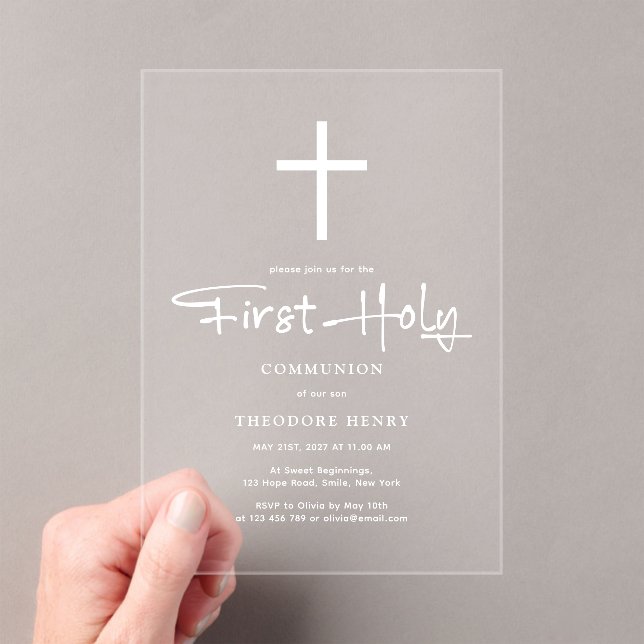 Minimalist Transparent Elegant First Communion Acrylic Invitations (Insitu (Handheld))