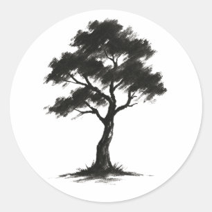Minimalist Tree – Ink Brush Nature Illustration on Classic Round Sticker
